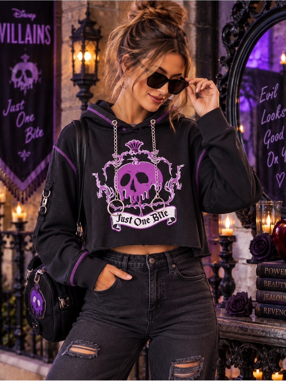 Disney Villains Just One Bite Poison Apple Chain Crop Hoodie L